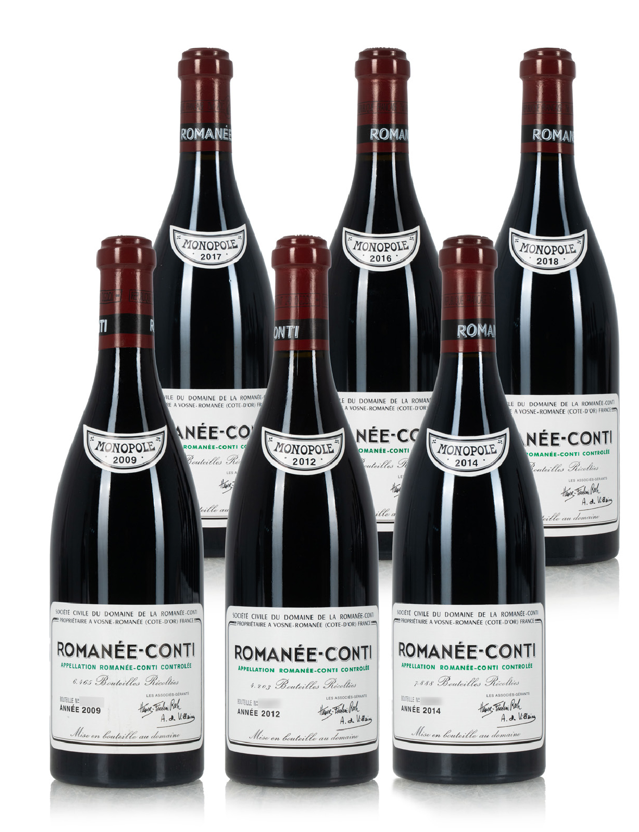 Lot 352-357: 1 bottle 2009, 2012, 2016, 2017, 2018 & 2 bottles 2014 DRC Romanee Conti