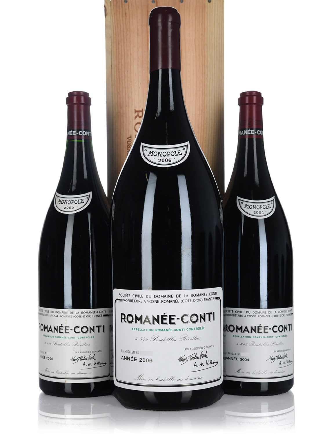 Lot 1580-1582: 1 Jeroboam each 2000 and 2004 & 1 Methuselah 2006 DRC Romanee Conti